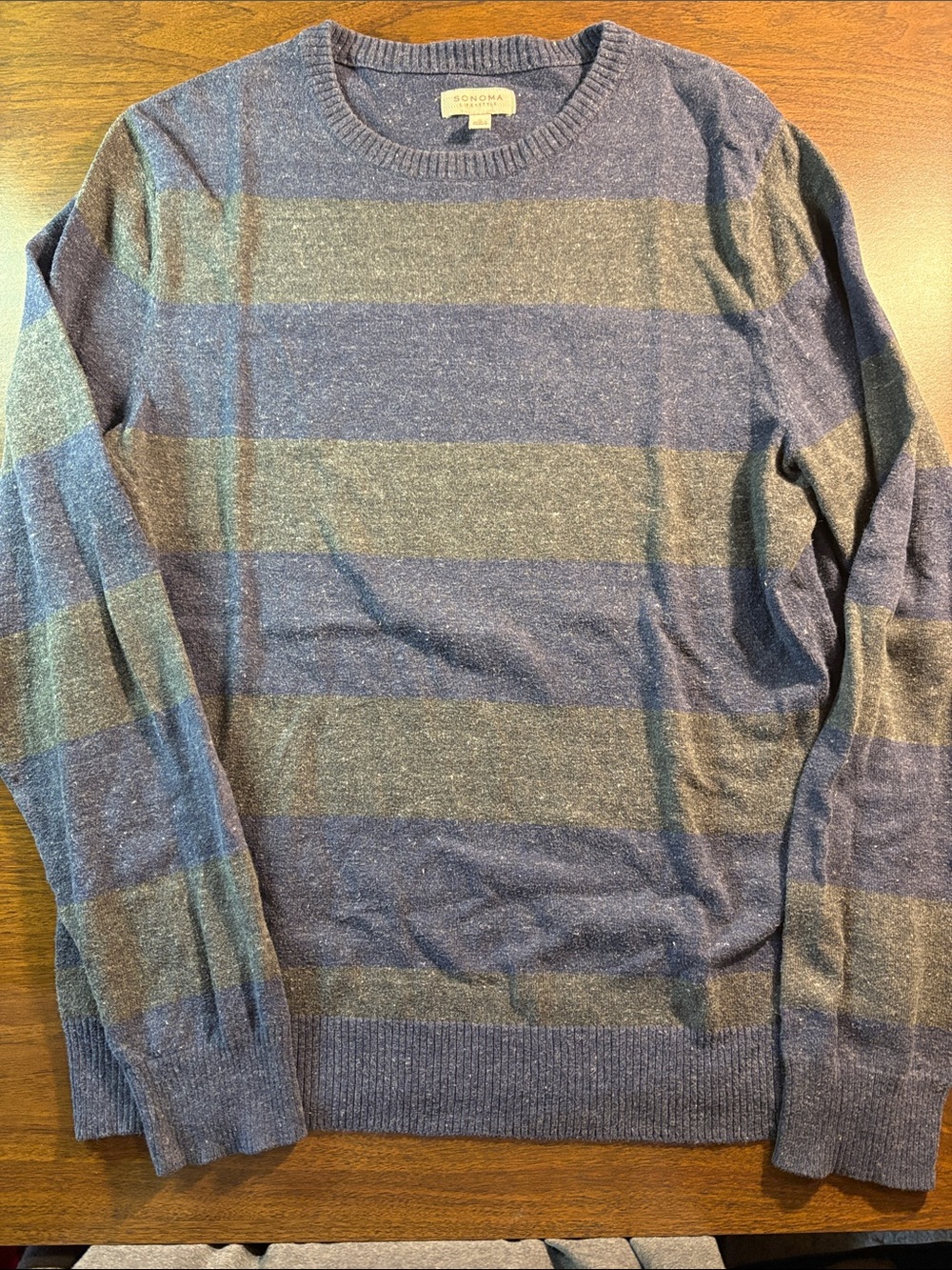 Sonoma Men's Navy and Gray Horizontal Stripe Crewneck Sweater